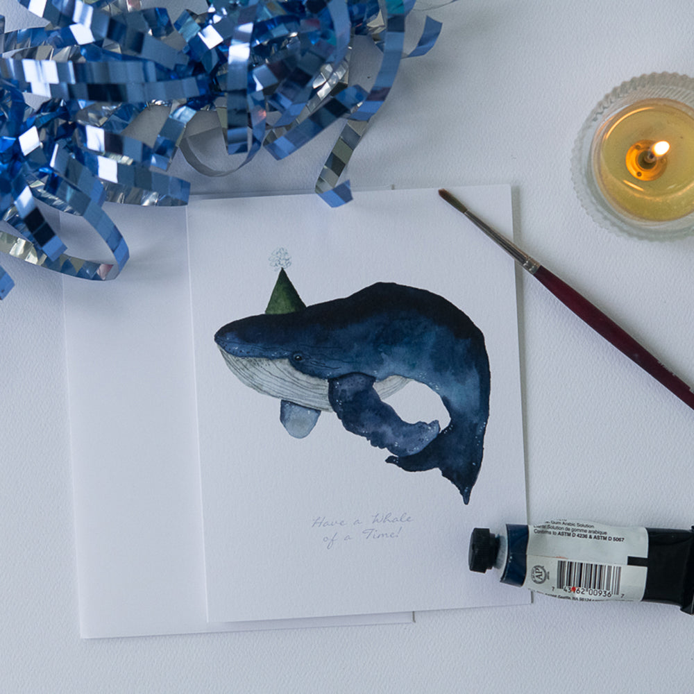 Watercolor Blue Whale Birthday Card | Finding Silver Pennies #watercolor #birthdaycard #bluewhale #bluewhalebirthdaycard
