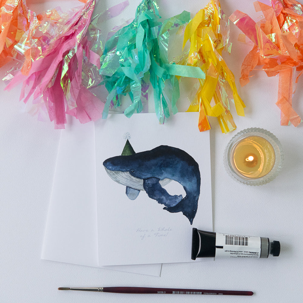 Watercolor Blue Whale Birthday Card | Finding Silver Pennies #watercolor #birthdaycard #bluewhale #bluewhalebirthdaycard