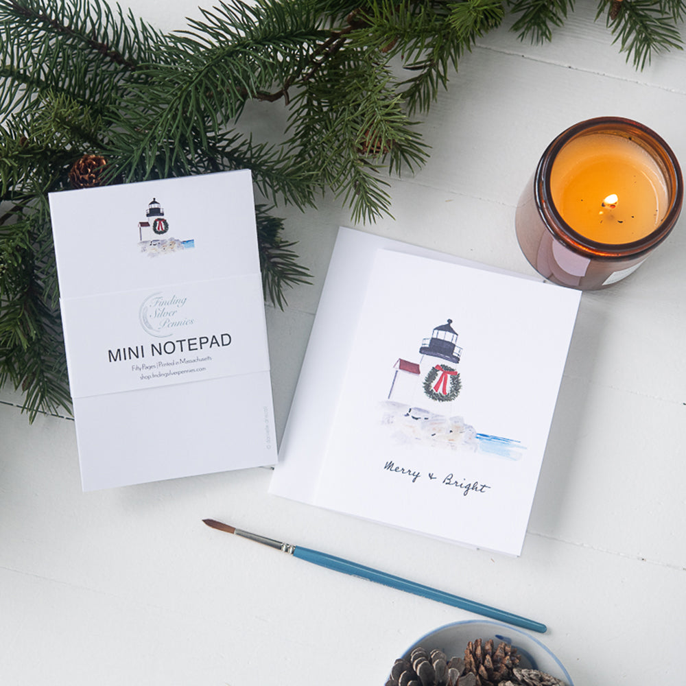 Brant Point Lighthouse on Nantucket Mini Notepad and matching cards by Danielle Driscoll | Finding Silver Pennies