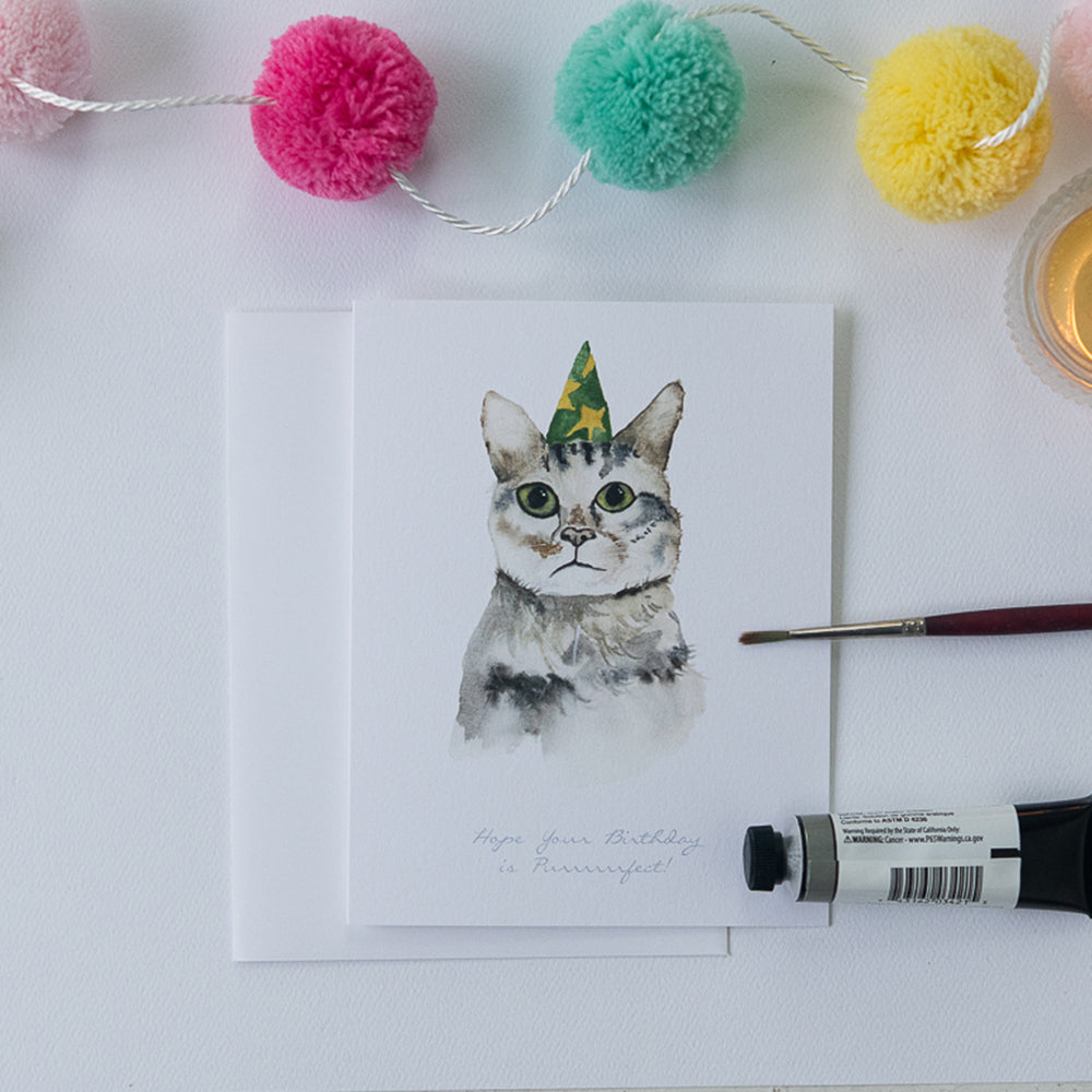 Watercolor Cat Birthday Card | Finding Silver Pennies #watercolor #watercolorcat #catbirthdaycard