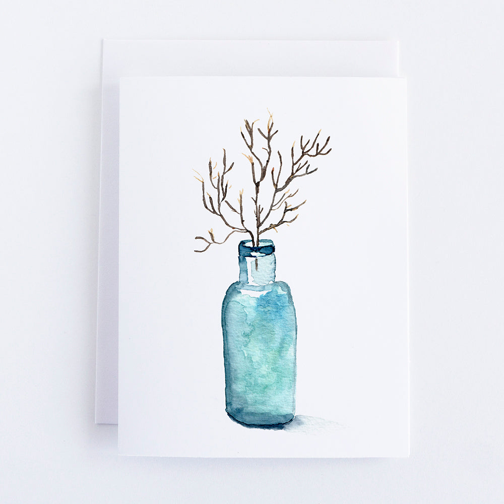 Blue Bottle with Coral Note Card by Danielle Driscoll | Finding Silver Pennies