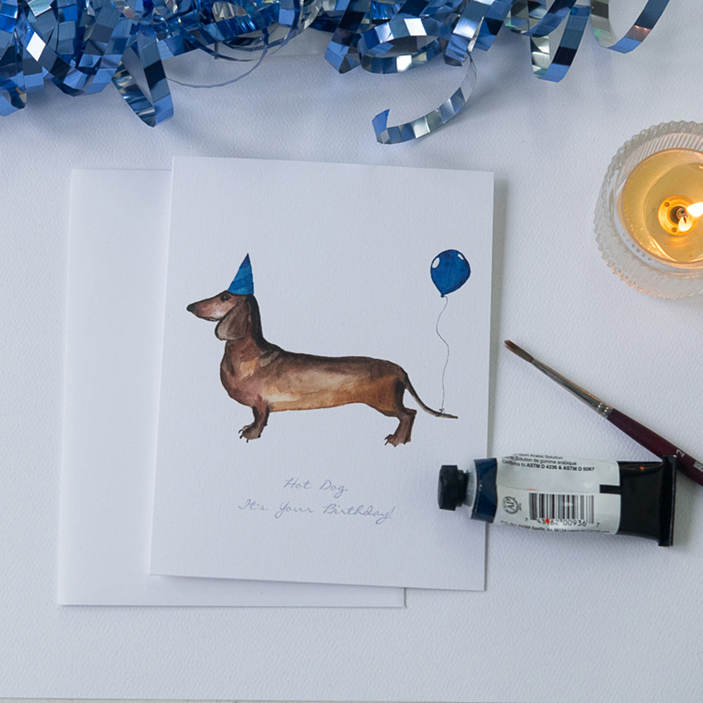 Watercolor Dachshund Birthday Card | Finding Silver Pennies #bithdaycards #findingsilverpennies #dachshundbirthdaycard