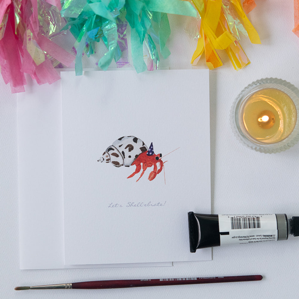 Watercolor Hermit Crab Birthday Card | Finding Silver Pennies #watercolor #birthdaycard #hermitcrab