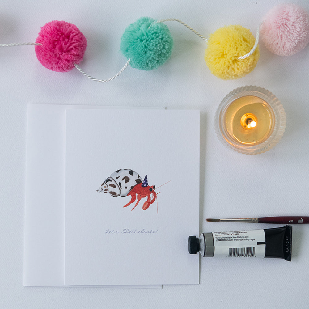 Watercolor Hermit Crab Birthday Card | Finding Silver Pennies #watercolor #birthdaycard #hermitcrab