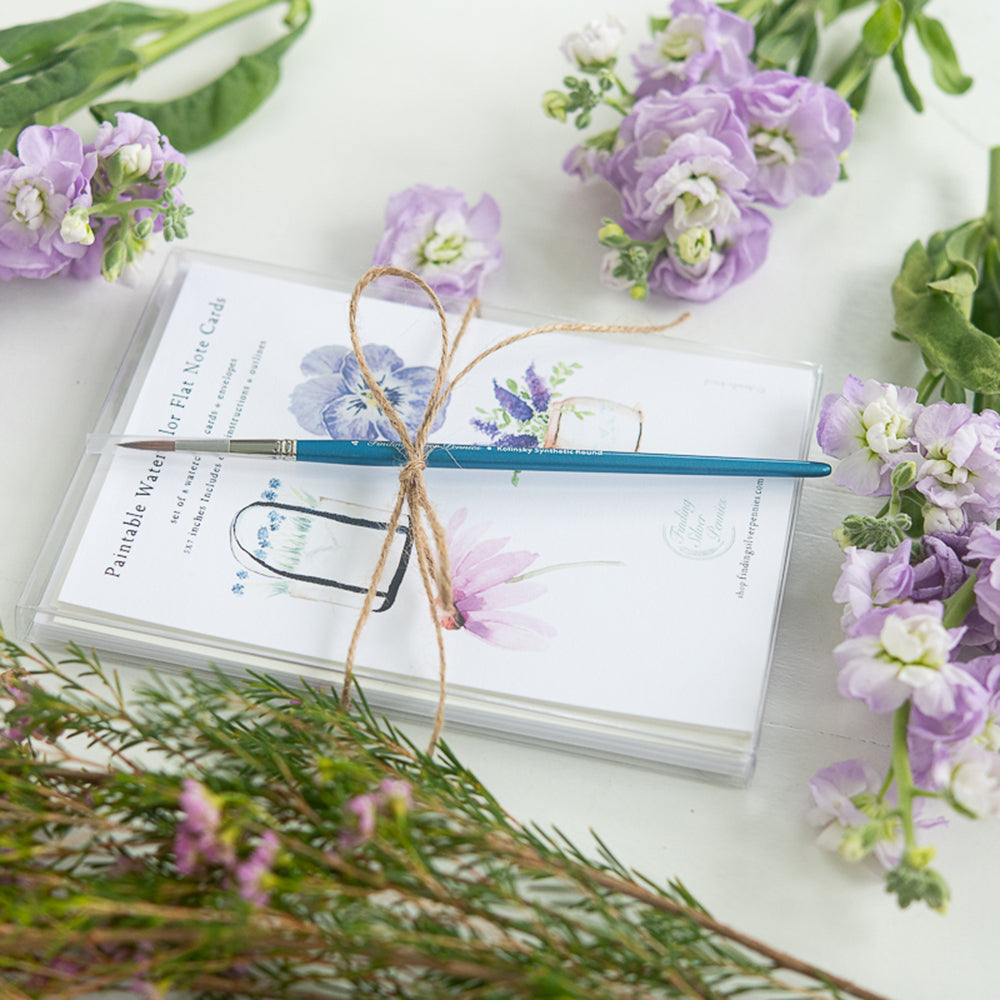 Paintable Watercolor Flat Cards Flowers and Brush Set | Finding Silver Pennies
