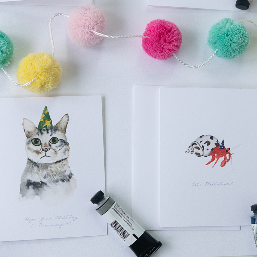 Cat and Hermit Crab Birthday Cards | Finding Silver Pennies #birthdaycards #findingsilverpennies #watercolor