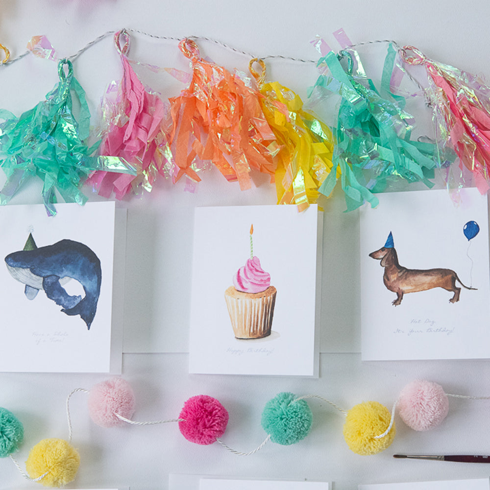 Birthday Cards with watercolor animals wearing party hats | Finding Silver Pennies #birthdaycards #findingsilverpennies #watercolorbluewhale #watercolorcupcake #watercolordachshund