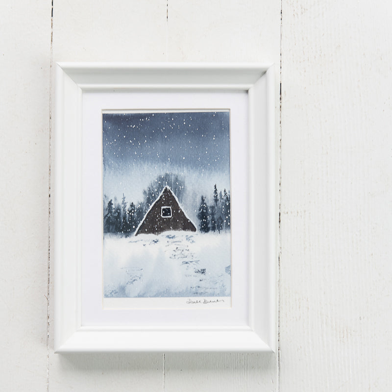 A-Frame in the Snow original painting by Danielle Driscoll | Finding Silver Pennies #watercolor #ocean #winter #aframe #woods
