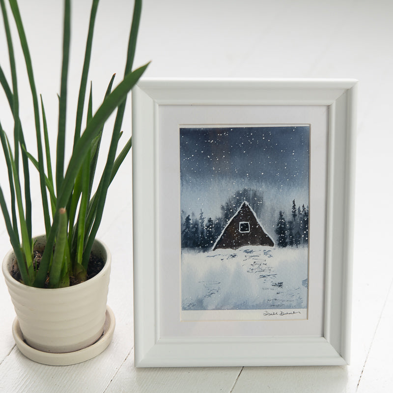A-Frame in the Snow original painting by Danielle Driscoll | Finding Silver Pennies #watercolor #ocean #winter #aframe #woods