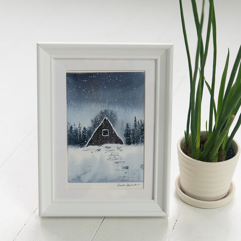 A-Frame in the Snow original painting by Danielle Driscoll | Finding Silver Pennies #watercolor #ocean #winter #aframe #woods