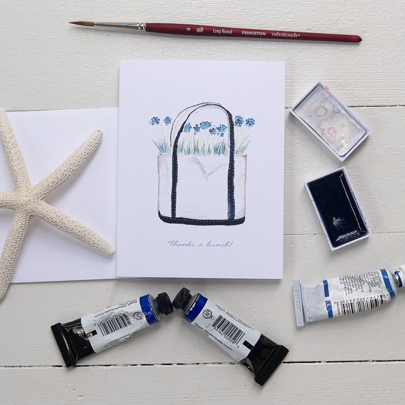 Beach Tote Filled with Flowers Watercolor Note Card by Danielle Driscoll | Finding Silver Pennies