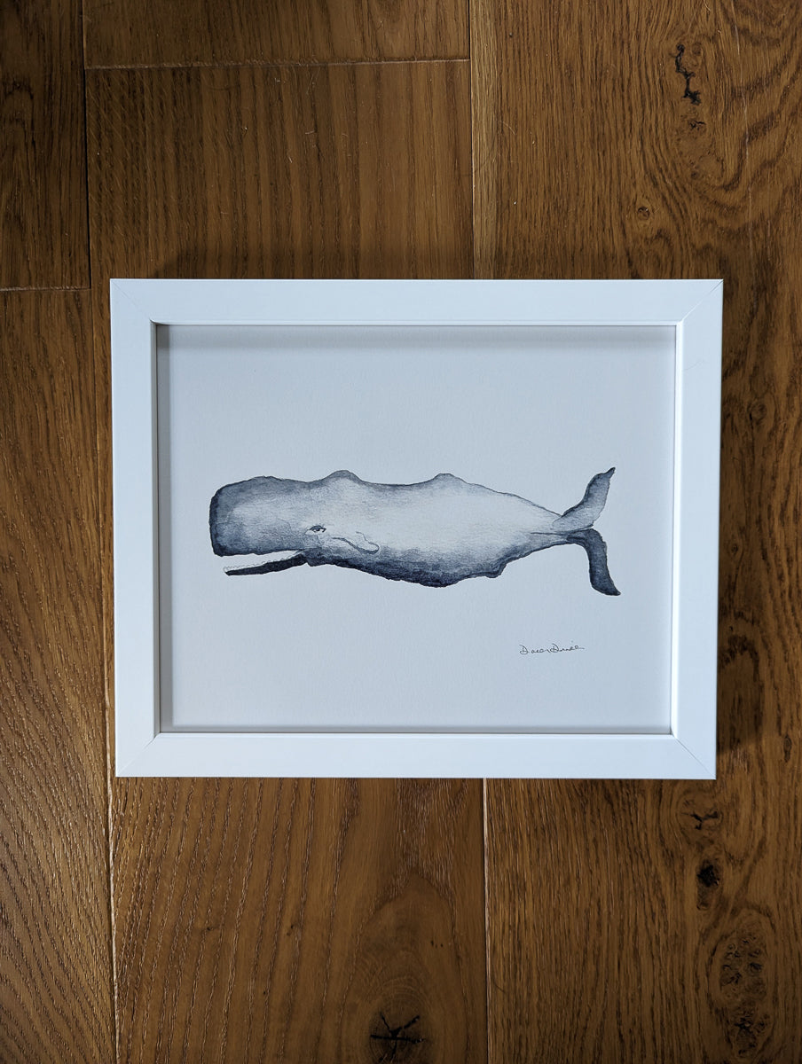Watercolor Whale Giclee Print in white frame