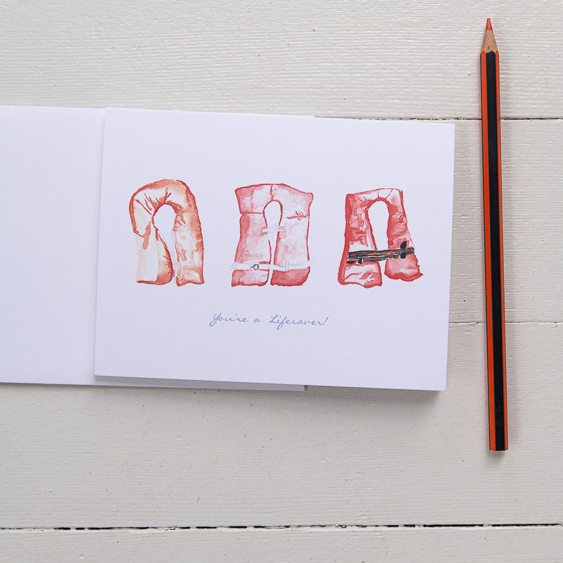Life Jacket Note Card with watecolor illustrations by Danielle Driscoll of Finding Silver Pennies