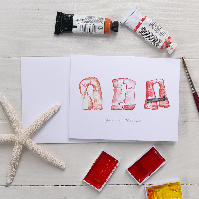 Life Jacket Note Card with watecolor illustrations by Danielle Driscoll of Finding Silver Pennies