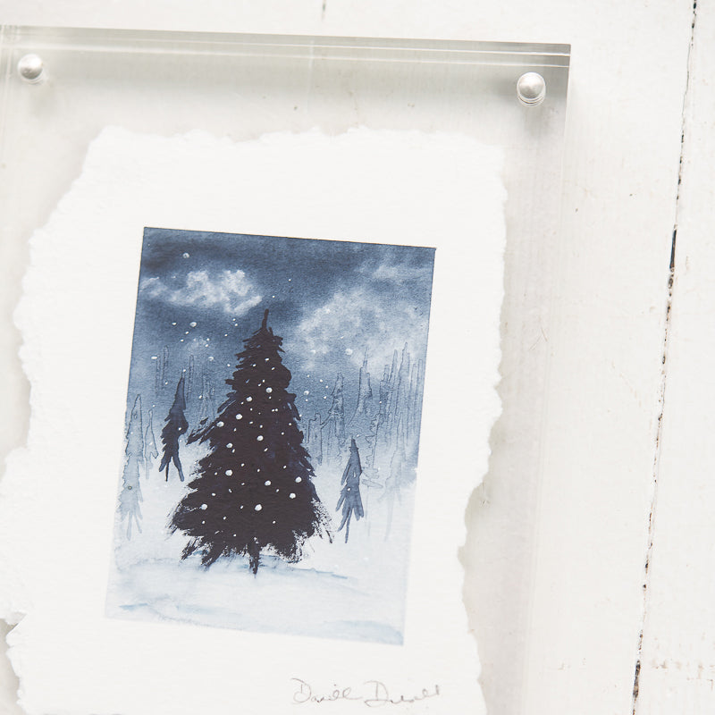 Snowy Trees Monochrome original painting by Danielle Driscoll | Finding Silver Pennies #watercolor #ocean #winter #woods