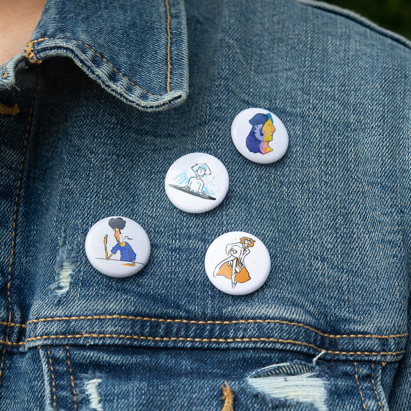 Collection of illustrated Pins on Jean Jacket