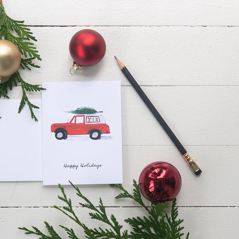 Red Bronco Note Card | Finding Silver Pennies #watercolor #watercolornotecard #christmas #redbronco