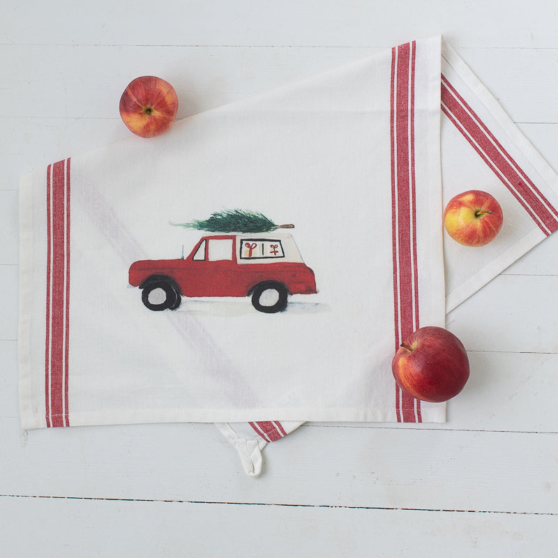 Red Bronco Tea Towel | Finding Silver Pennies #watercolor #watercolorteatowel #christmas #holiday