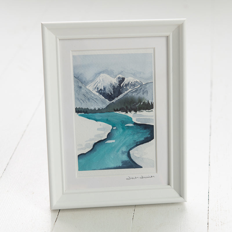 Snowy Mountain Stream Original Watercolor Painting by Danielle Driscoll | Finding Silver Pennies #watercolor #watercolorpainting #mountains #winter