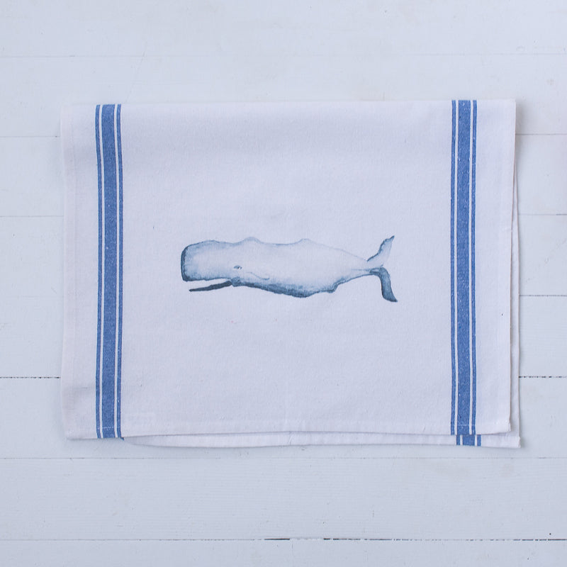 Whale Tea Towel with blue stripes | Finding Silver Pennies #watercolor #teatowel #whaleteatowel #whale
