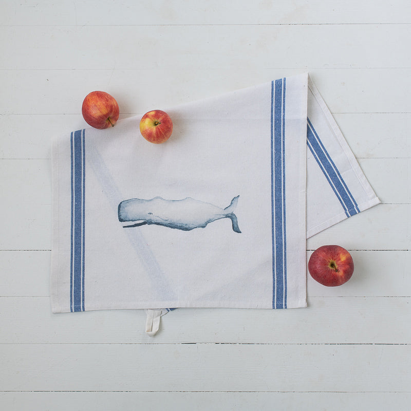 Whale Tea Towel with blue stripes | Finding Silver Pennies #watercolor #teatowel #whaleteatowel #whale