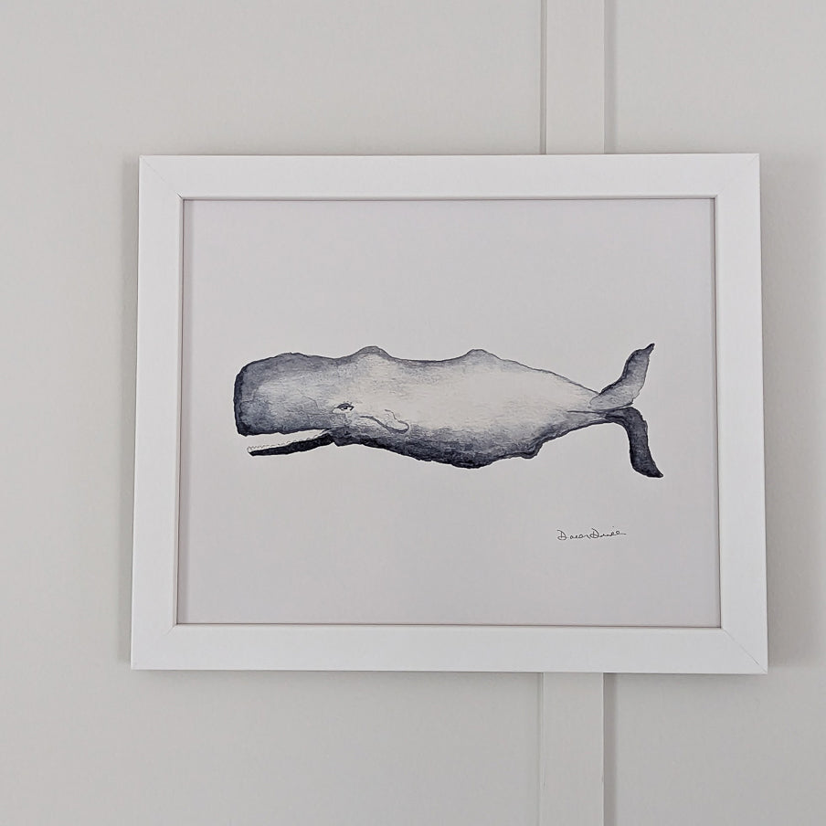 Whale Watercolor framed giclee print in white frame