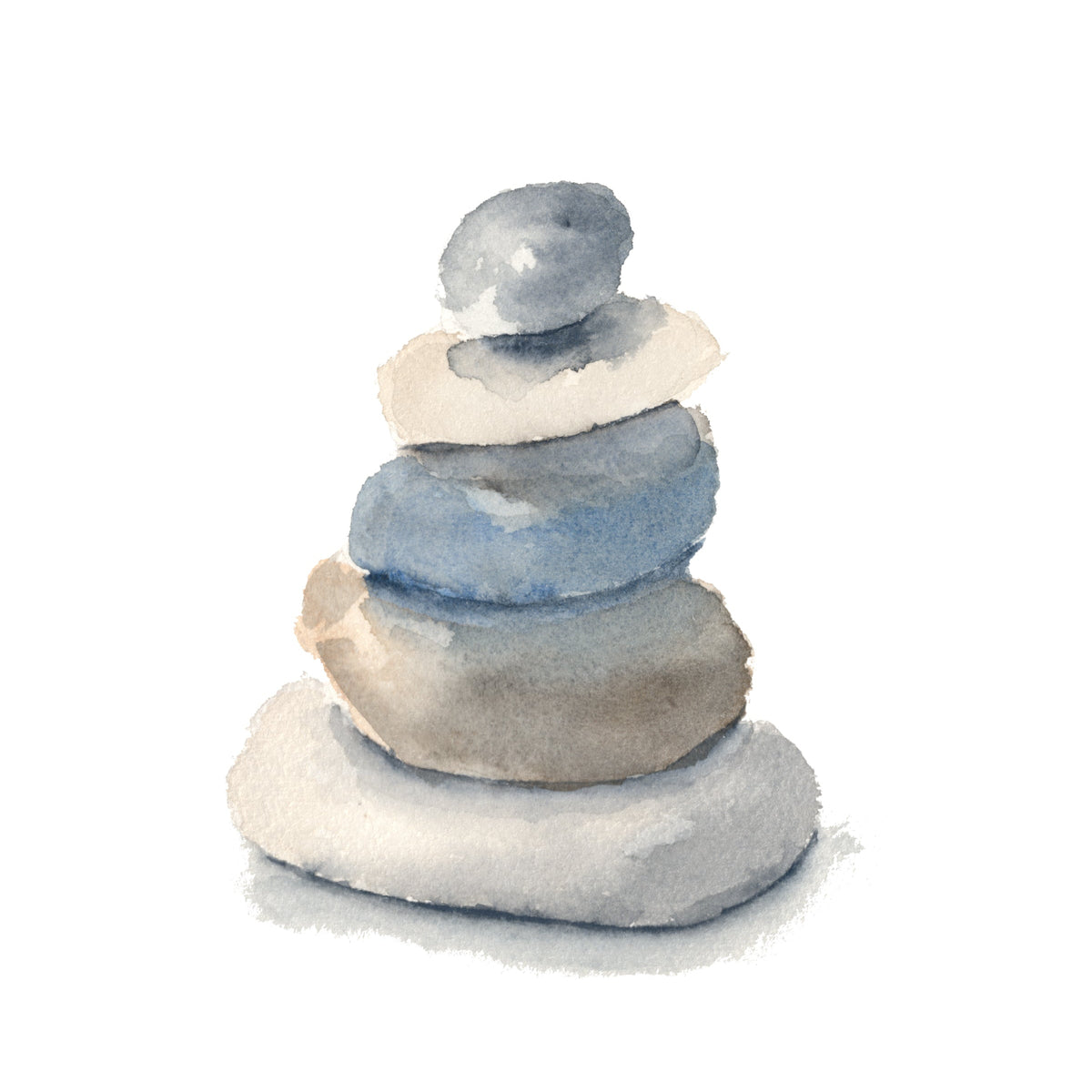 A watercolor illustration of stacked, balanced stones in soft shades of blue, beige, gray, and white on a plain white background.