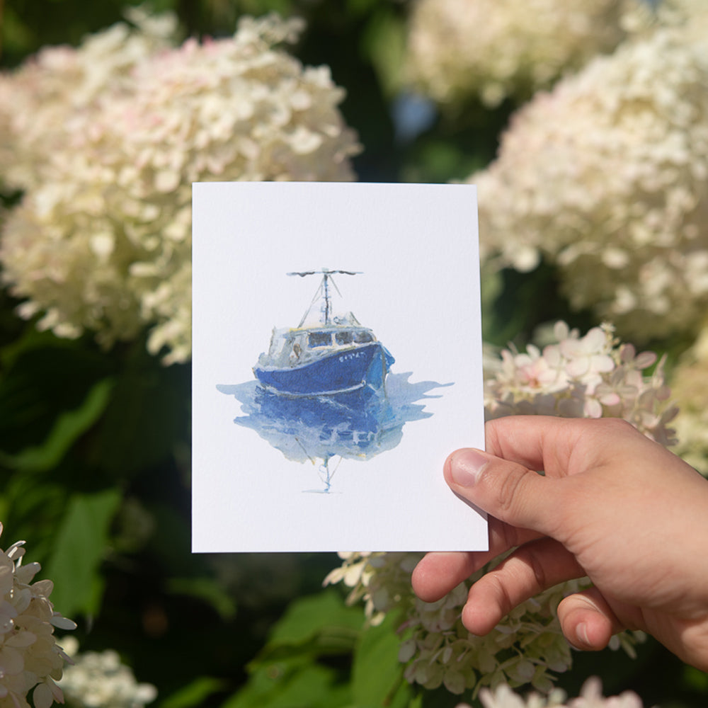 Blue Boat Note Card by John Driscoll | Ink Harbour Illustrations