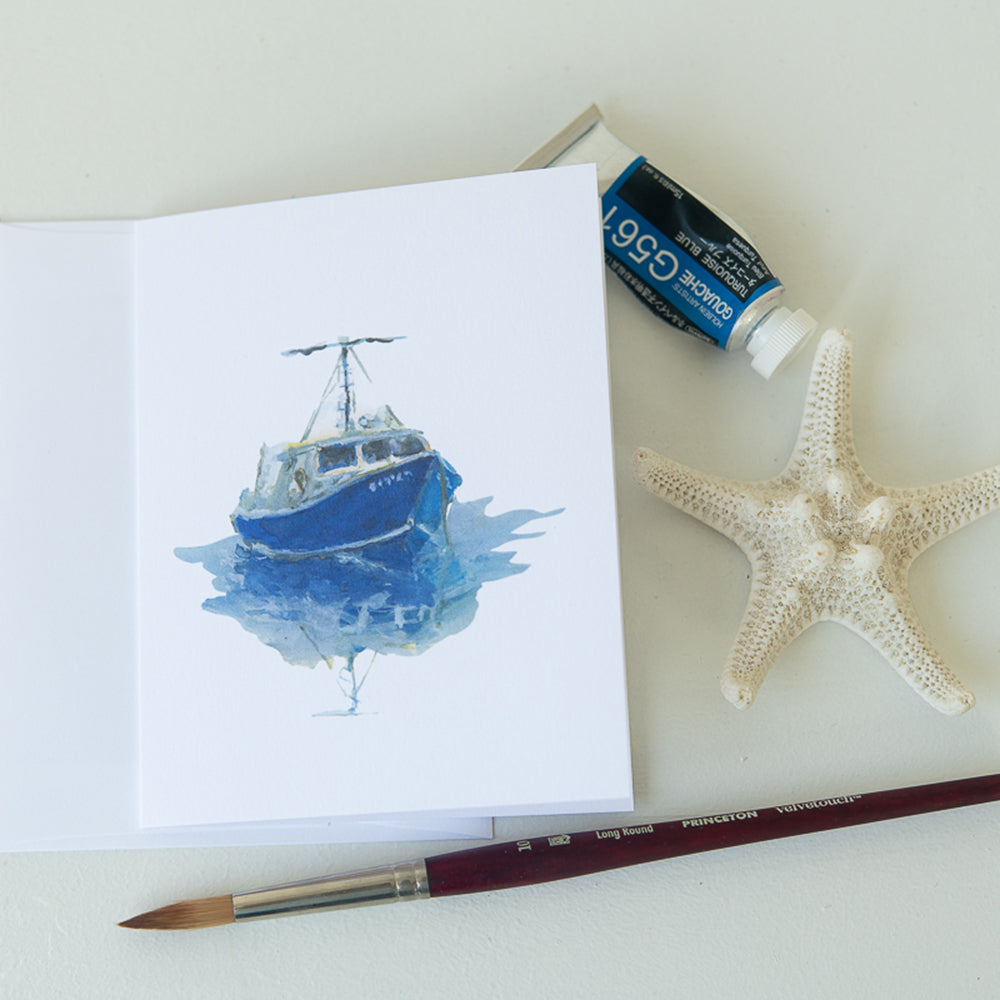 Blue Boat Note Card by John Driscoll | Ink Harbour Illustrations