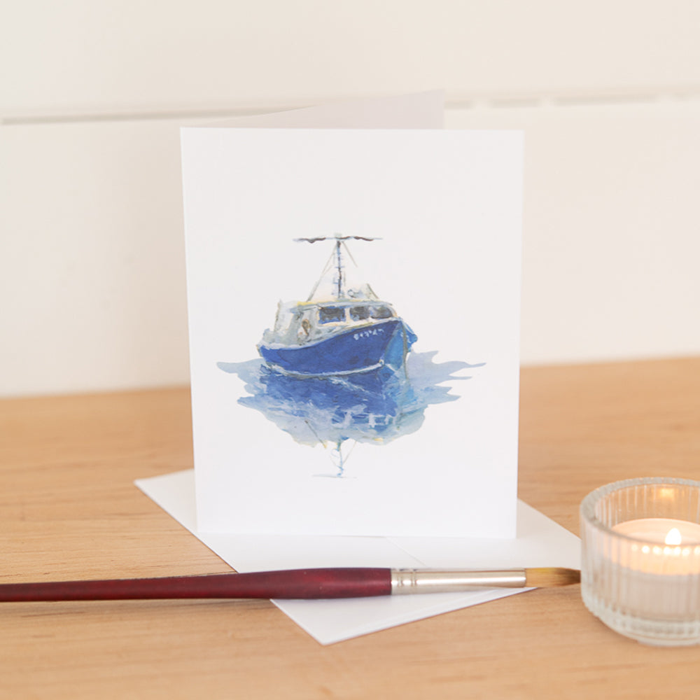 Blue Boat Note Card by John Driscoll | Ink Harbour Illustrations