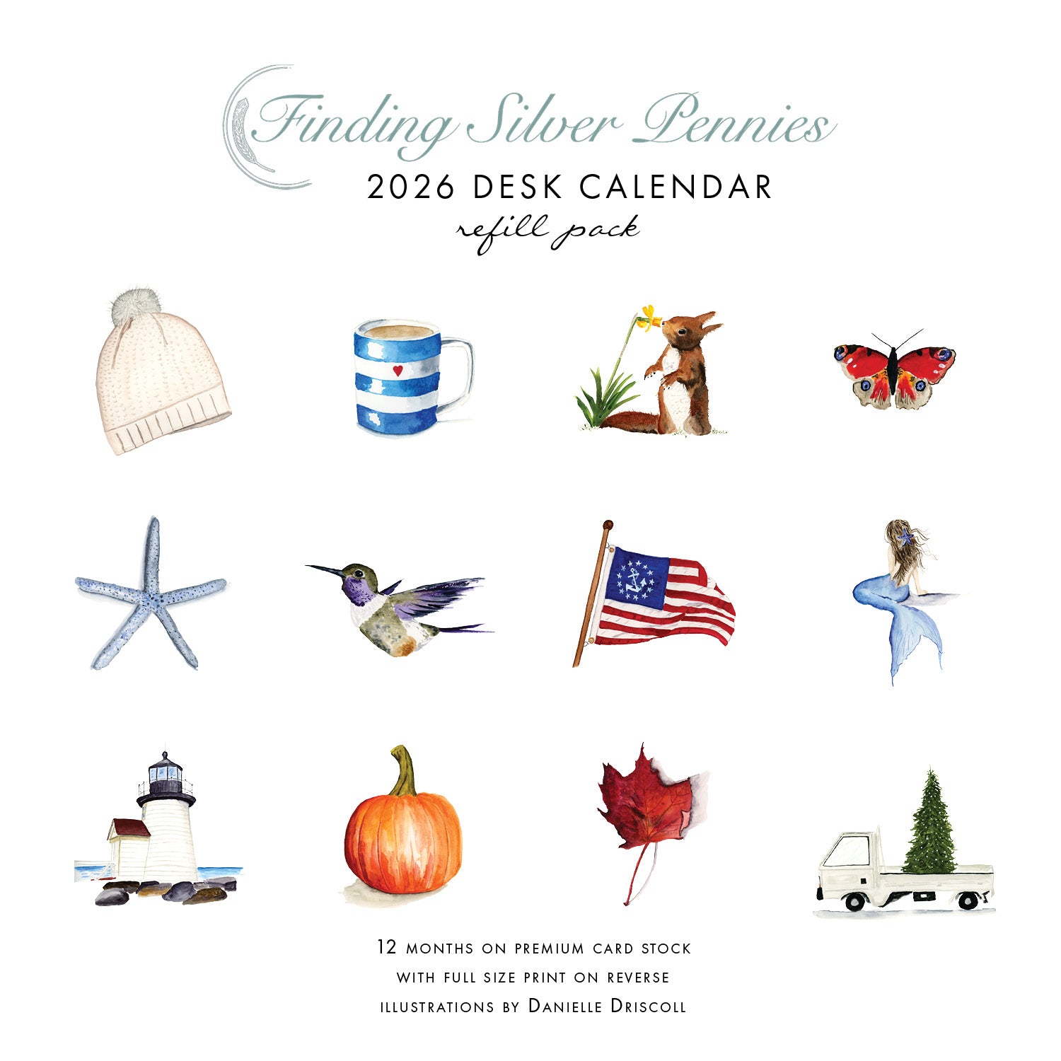2026 Desk Calendar refill pack with illustrations on a white background