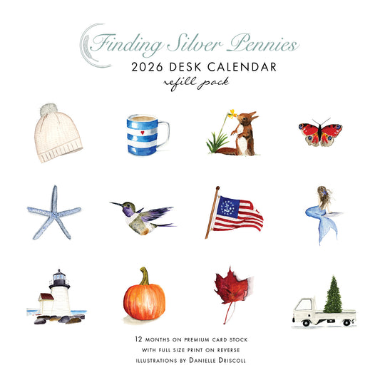 2026 Desk Calendar refill pack with illustrations on a white background