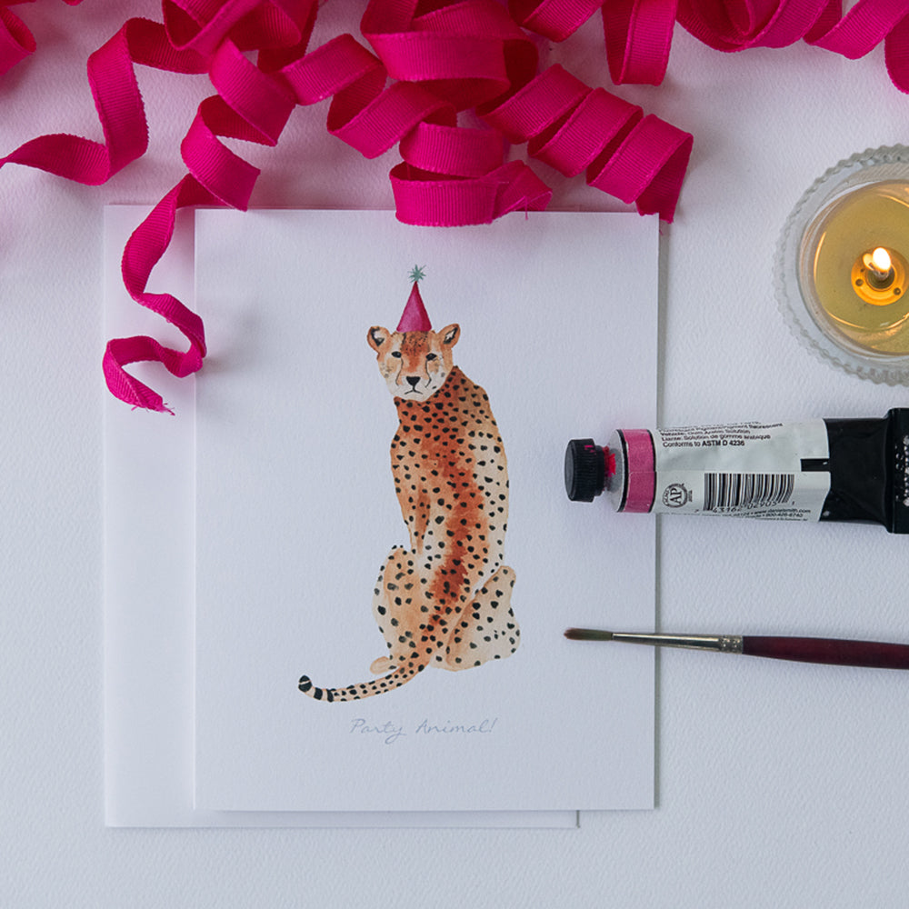 Watercolor Cheetah Birthday Card | Finding Silver Pennies #cheetah #partyanimal #birthdaycard #watercolor