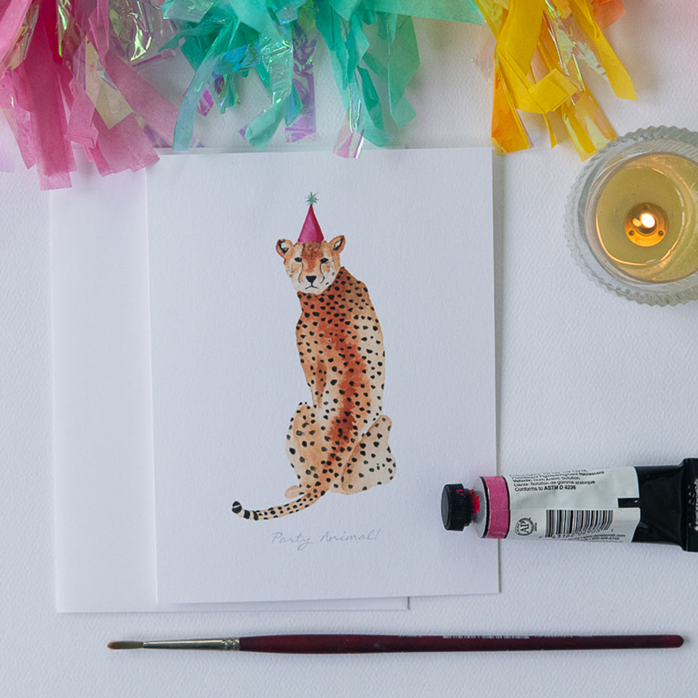 Watercolor Cheetah Birthday Card | Finding Silver Pennies #cheetah #partyanimal #birthdaycard #watercolor