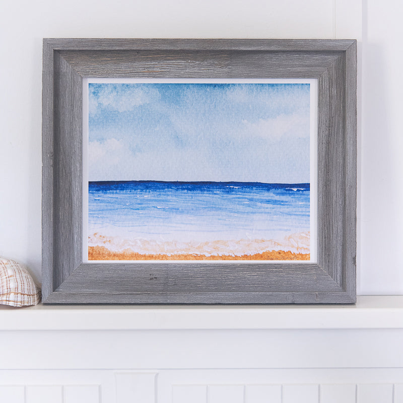 Day at the Beach watercolor print in driftwood frame