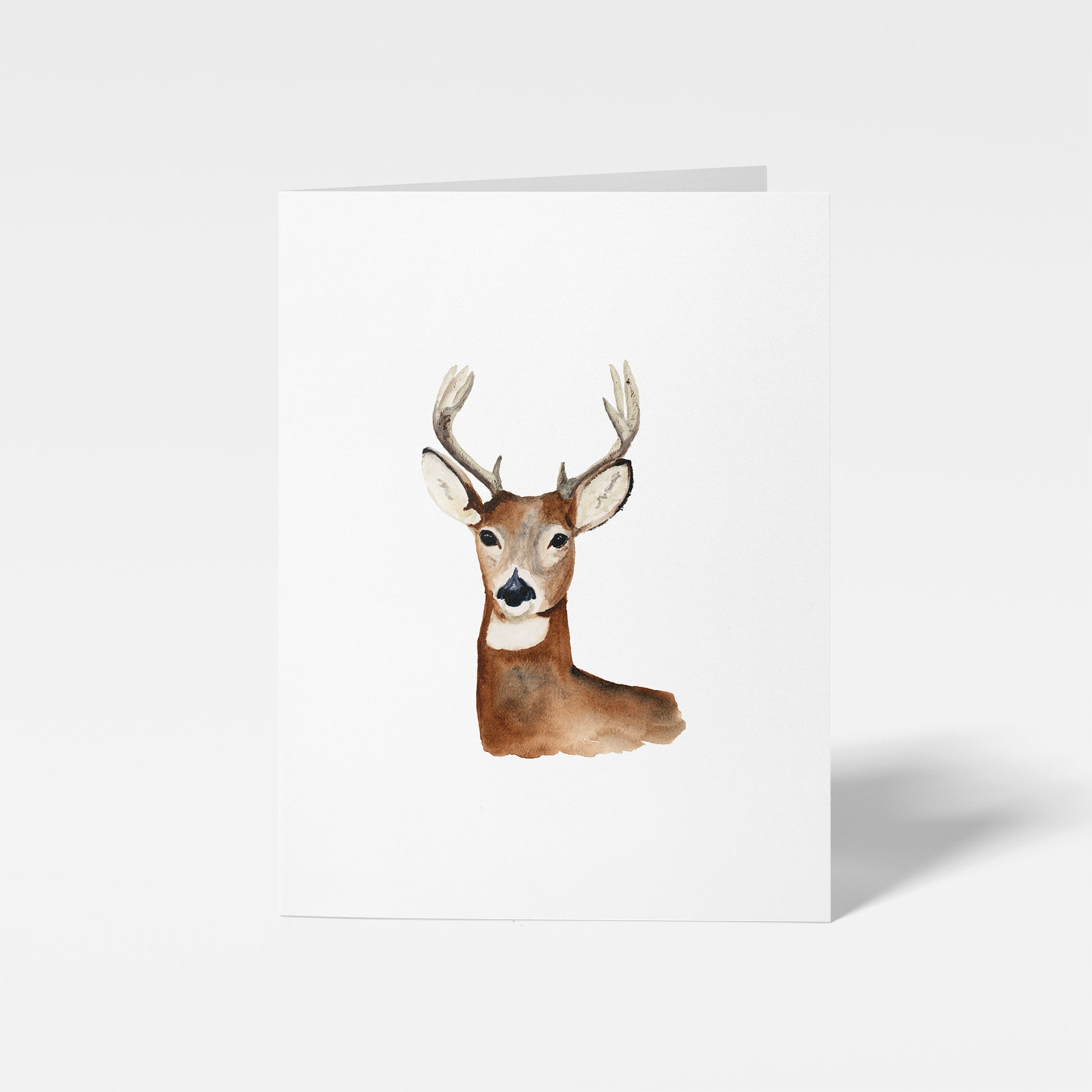 Watercolor painting of a deer head on a white background card