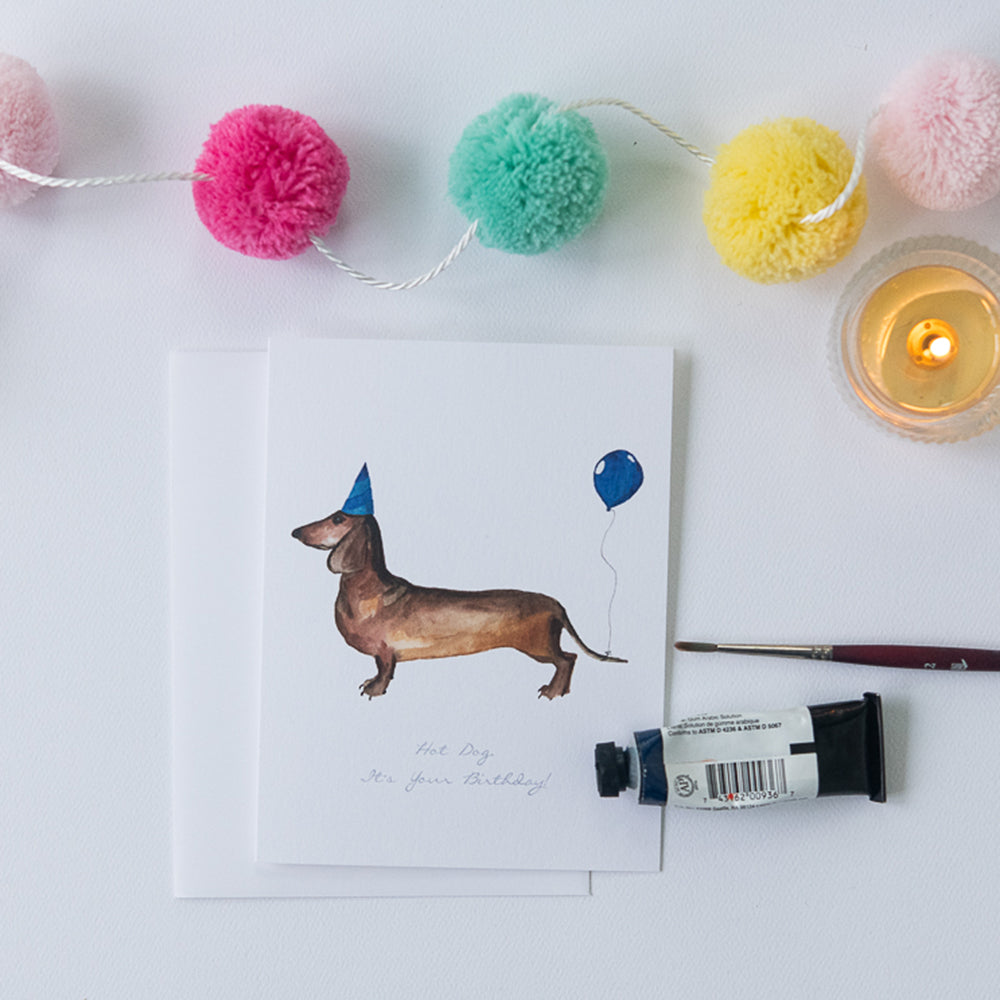 Watercolor Dachshund Birthday Card | Finding Silver Pennies #bithdaycards #findingsilverpennies #dachshundbirthdaycard