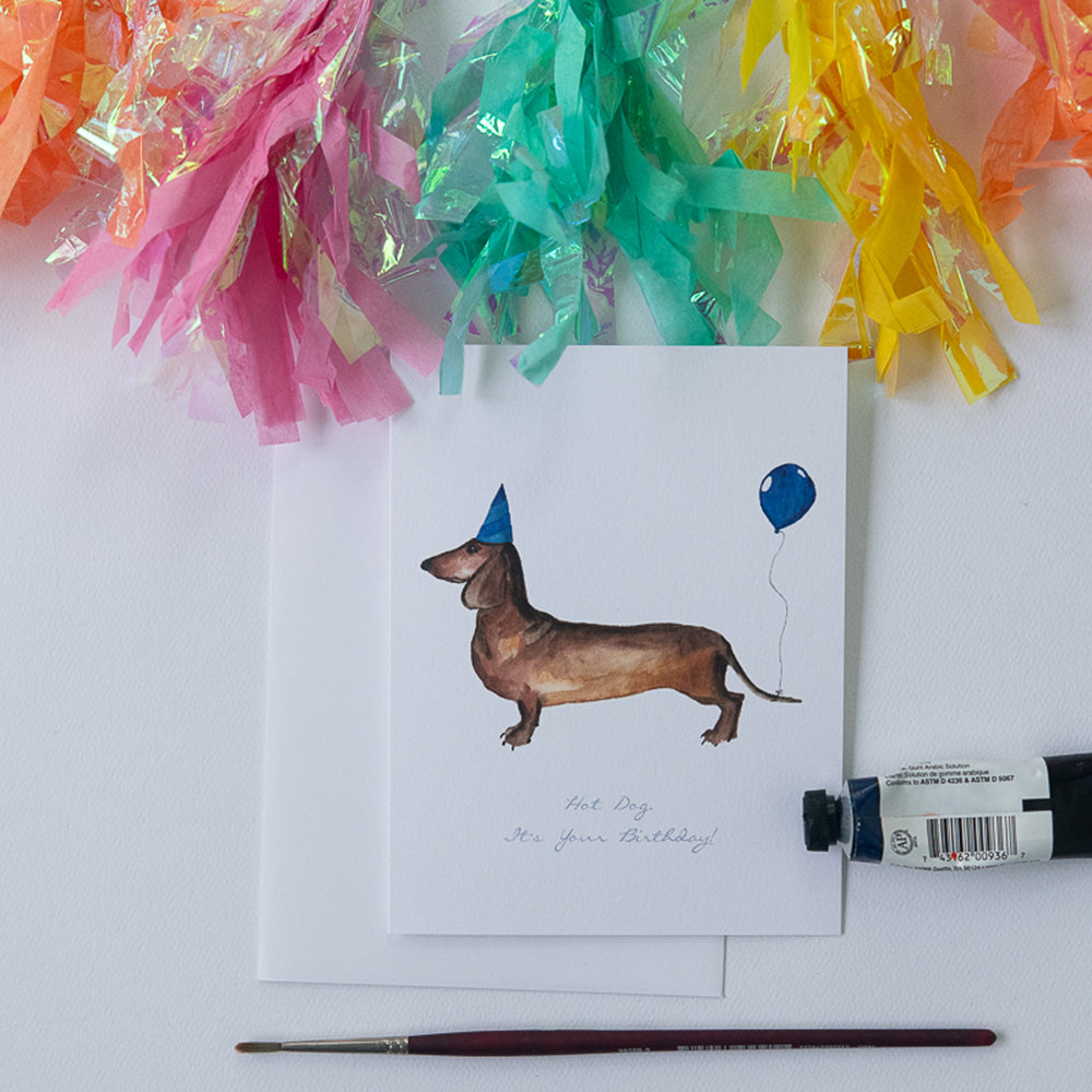 Watercolor Dachshund Birthday Card | Finding Silver Pennies #bithdaycards #findingsilverpennies #dachshundbirthdaycard