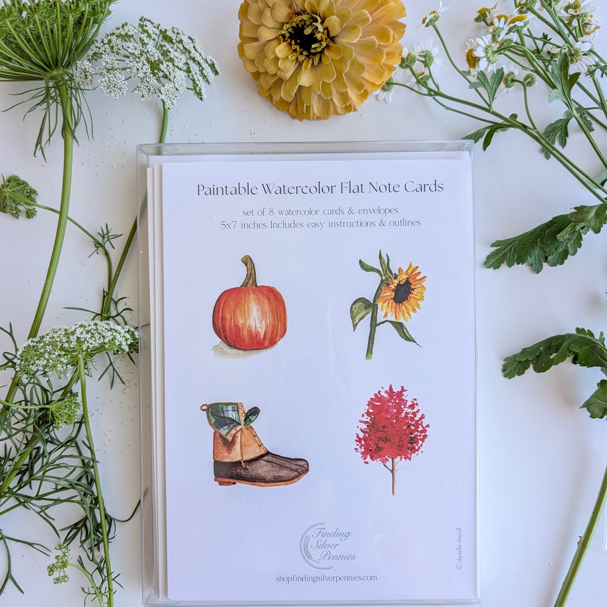A flat-lay of a clear plastic sleeve containing 'Paintable Watercolor Flat Note Cards' with illustrations of a pumpkin, sunflower, boot, and red flower on a white card. The card is surrounded by green herbs and a yellow flower on a white background.