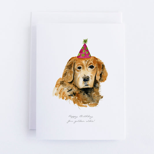 Illustration of a golden retriever wearing a party hat with 'Happy Birthday, Your Golden Oldie!' text on a white background.