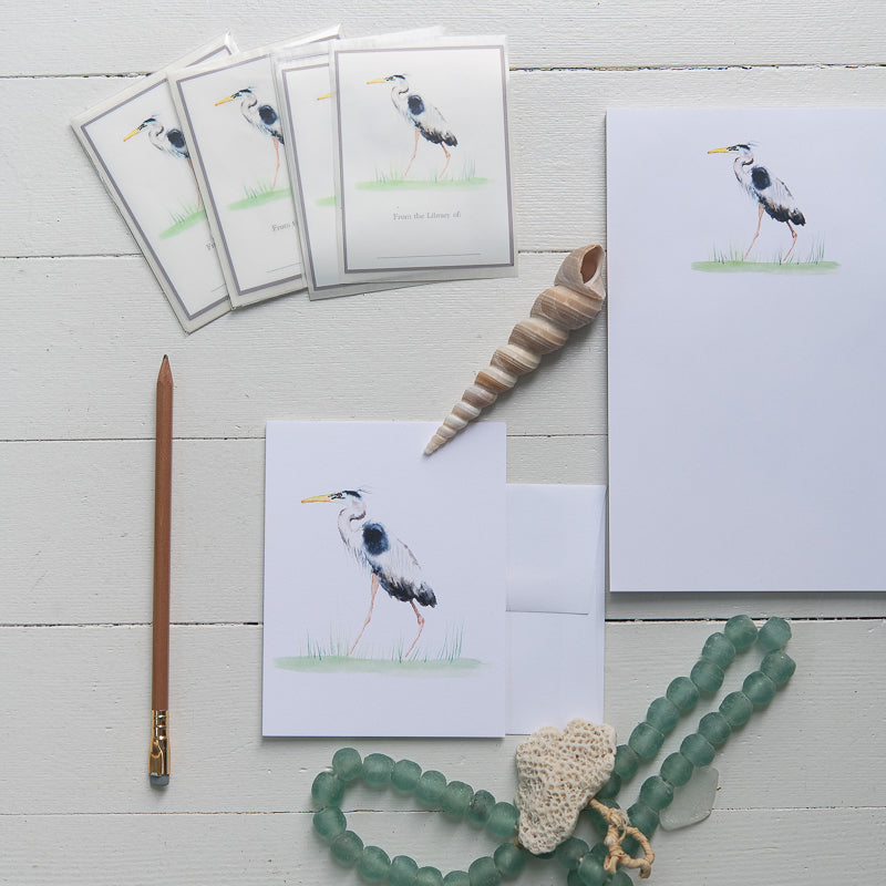 Great Blue Heron painted in watercolor note card, notepad, and bookplates