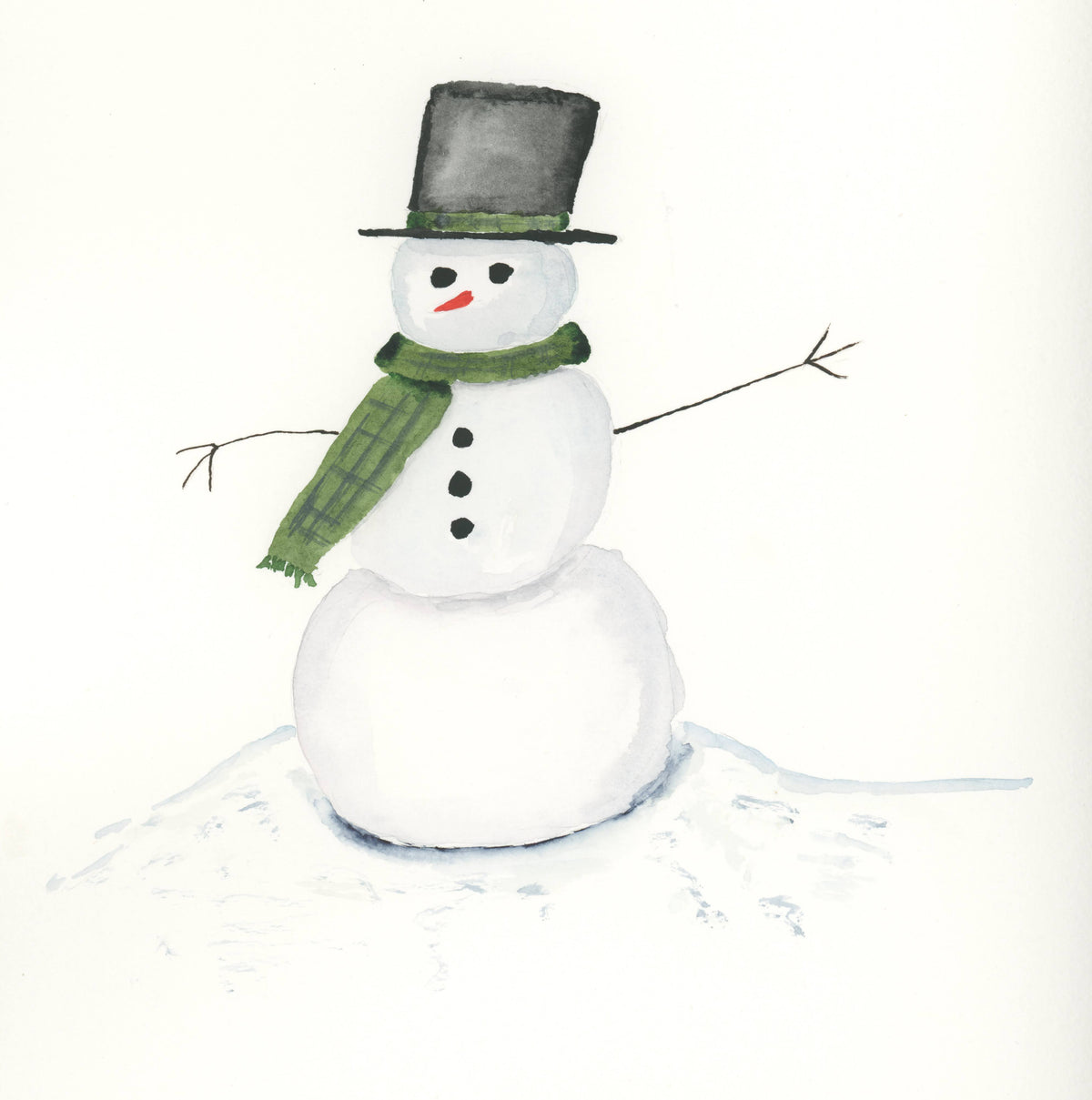 A watercolor painting of a snowman wearing a black top hat and a green plaid scarf, standing on a snowy white ground against a white background.