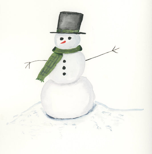 A watercolor painting of a snowman wearing a black top hat and a green plaid scarf, standing on a snowy white ground against a white background.