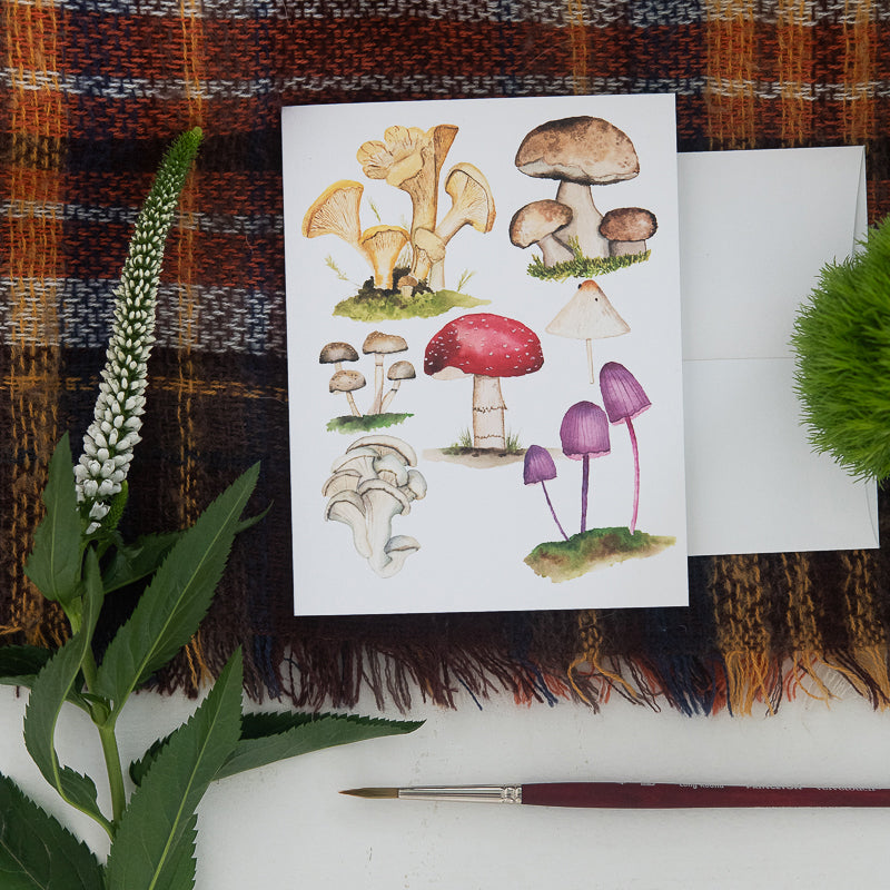 Mushroom Watercolor Note Card by Finding Silver Pennies with plaid scarf and greenery #watercolor #notecard #mushrooms