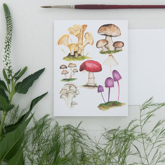 Mushroom Watercolor Note Card by Finding Silver Pennies with greenery #watercolor #notecard #mushrooms