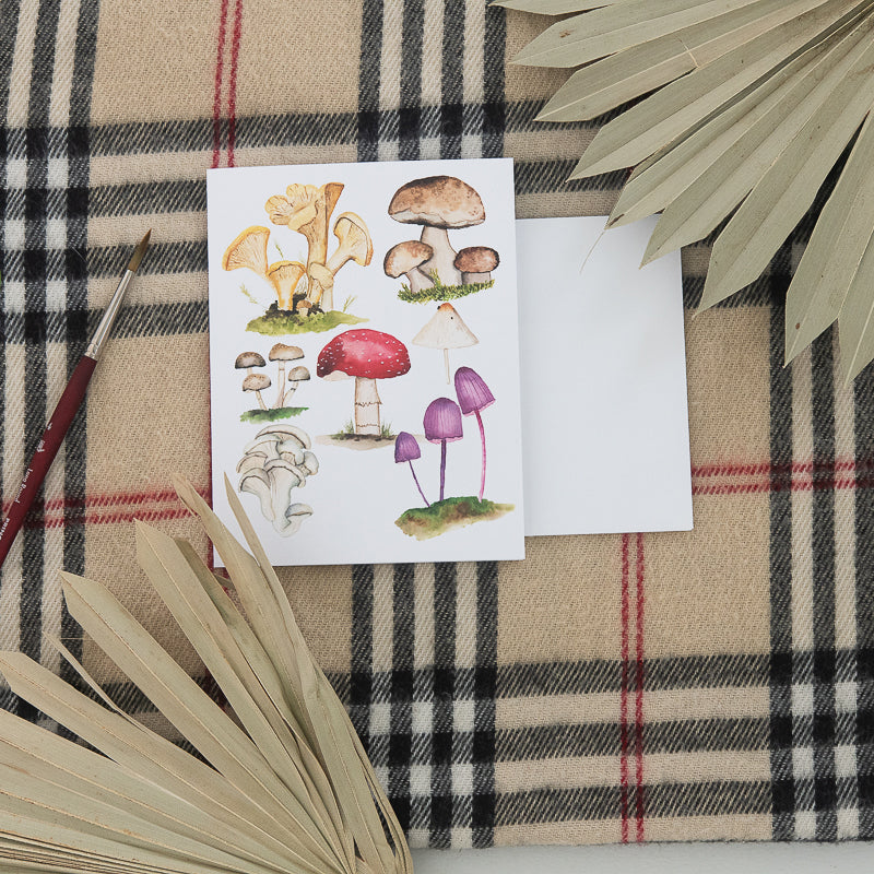 Mushroom Watercolor Note Card by Finding Silver Pennies with plaid scarf and dried greenery #watercolor #notecard #mushrooms