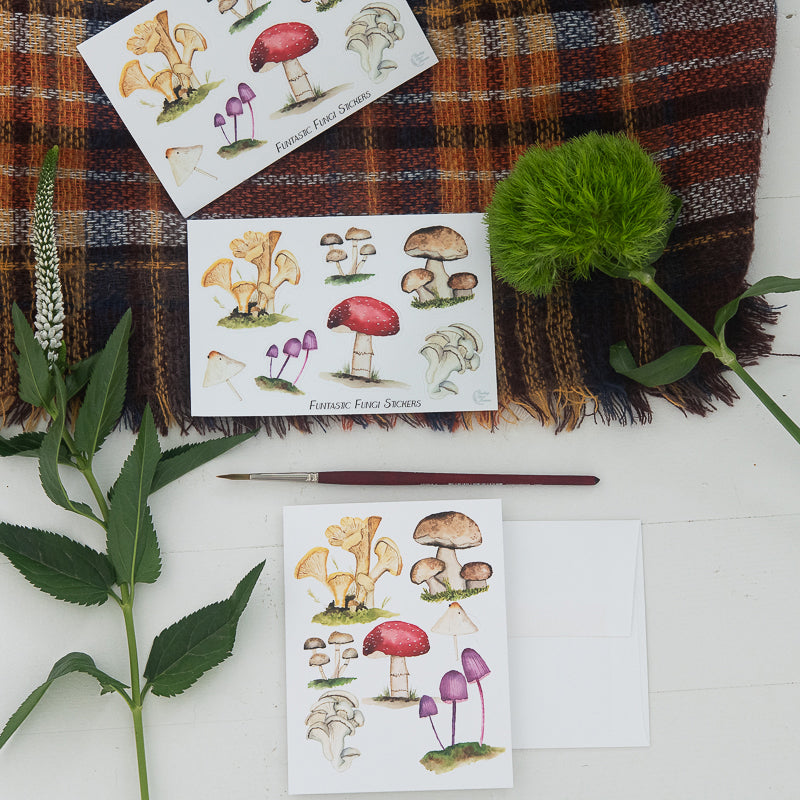 Mushroom Watercolor Note Card and sticker sheets by Finding Silver Pennies #watercolor #notecard #mushrooms