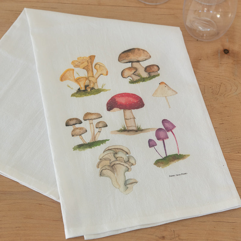 Mushroom Tea Towel by Danielle Driscoll | Finding Silver Pennies on butcher block counter #mushrooms #watercolor #teatowel