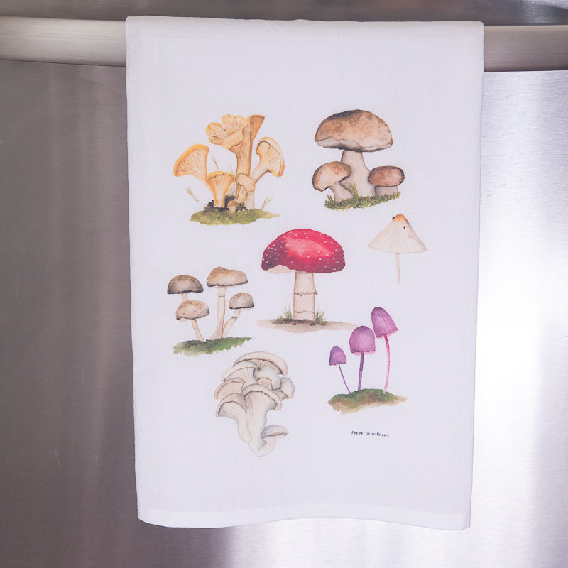 Mushroom Tea Towel by Danielle Driscoll | Finding Silver Pennies on stainless steal dishwasher #mushrooms #watercolor #teatowel