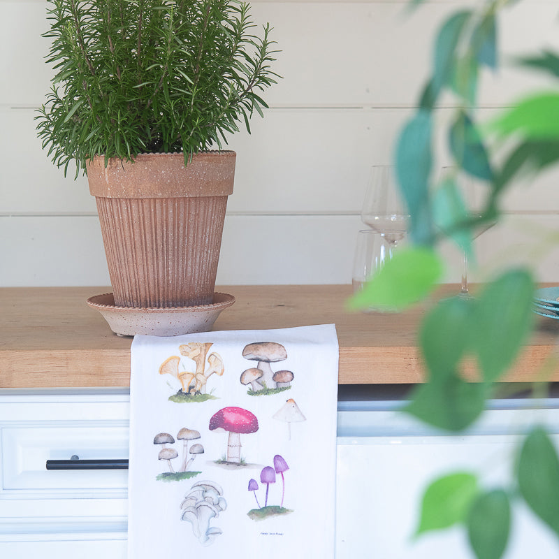 Mushroom Tea Towel by Danielle Driscoll | Finding Silver Pennies shown in white kitchen #mushrooms #watercolor #teatowel